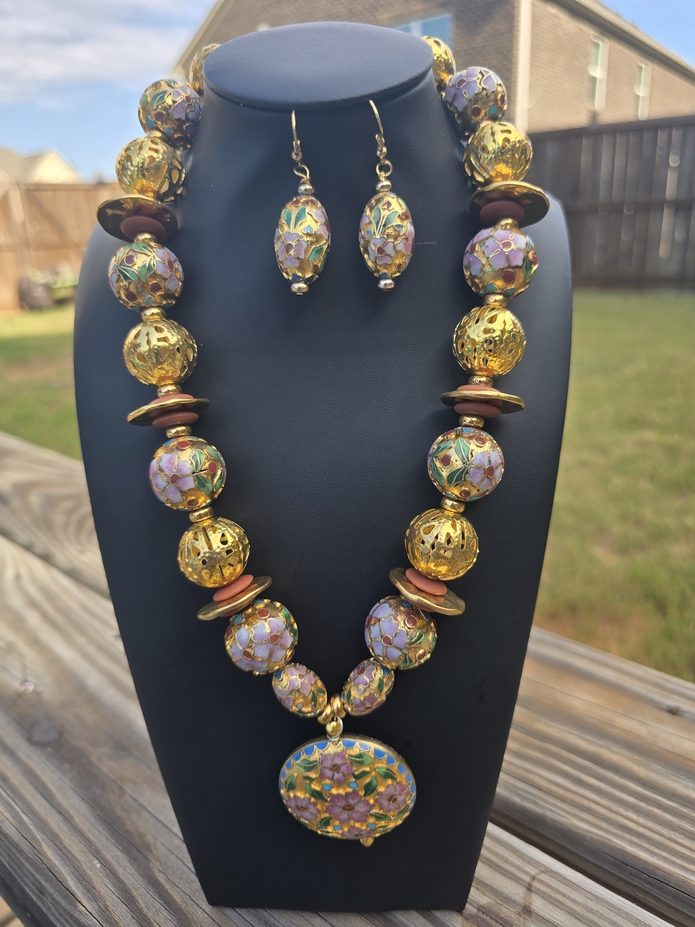 Gold and Lavender Cloisonné Floral Necklace with Matching Earrings 159g